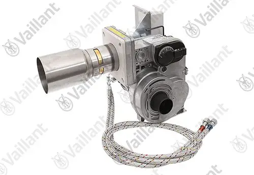 Brenner von Vaillant mit einem Metallauslass, verschiedenen Schläuchen und einer Steuerungseinheit. Das Produkt ist für Heizsysteme konzipiert.